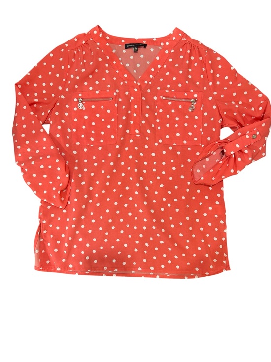 Adrienne Vittadini Tops - Adrienne Vittadini Coral White Polka Dot Zip-Pocket V-Neck Blouse